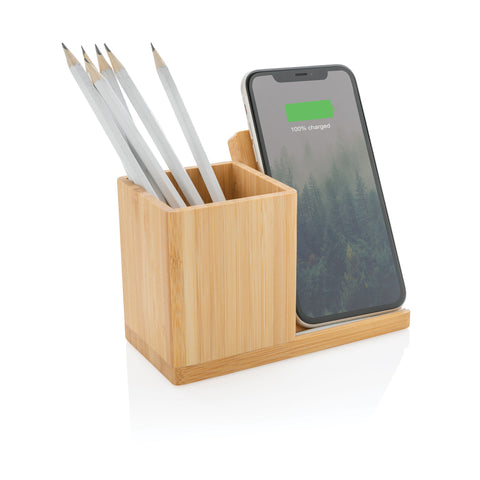 10W wireless fast charger with pen holder made with Recycled Claim Standard certified recycled ABS and FSC® bamboo exterior