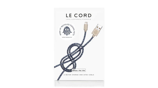 Le Cord iPhone Lightning Cable Apple MFI certified charge and sync cable with connector shells made of recycled ocean fishing net plastics and braided with textile made of recycled PET (rPET) bottles.