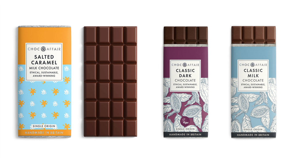 3 bars of ethically sourced 90 gram chocolate bars including salted caramel, dark and milk