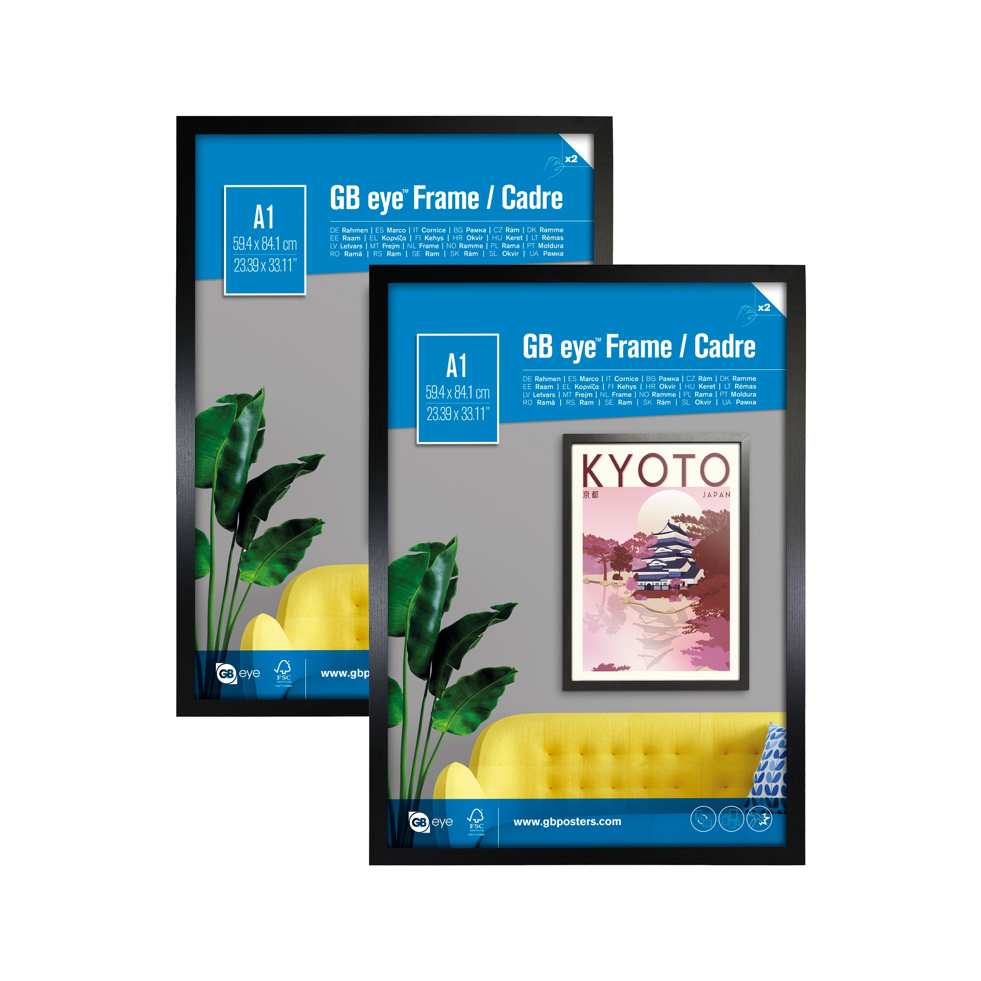 GB eye 33x23 Poster Frame, FSC Certified Black Wood Poster Frame, Scratch Proof Glazing, Vertical and Horizontal Wall Mounting, Set of 2