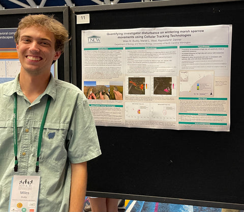 Miles from the Danner Lab posing with his Poster, smiling big