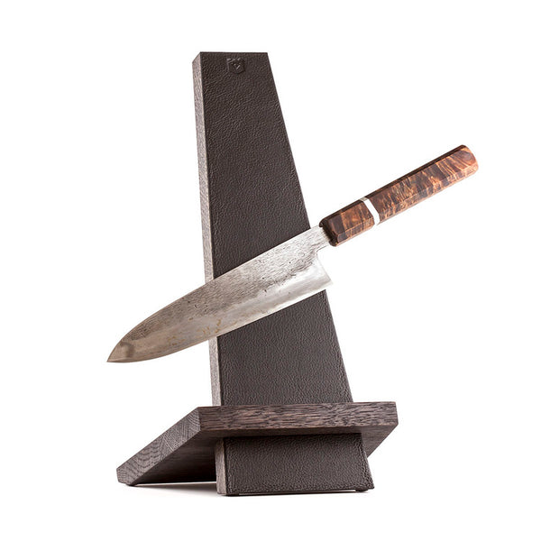 Piotr the Bear leather and oak knife stand - Cutting Edge Knives