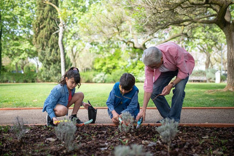 Kids gardening with their grandfather