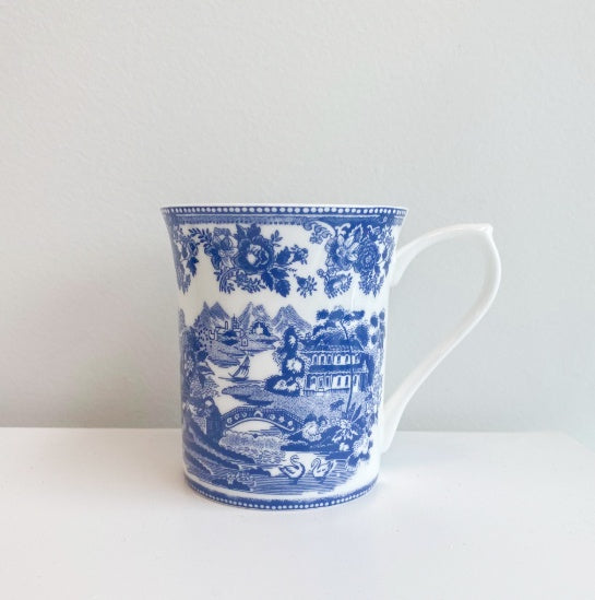 blue and white fine bone china mugs