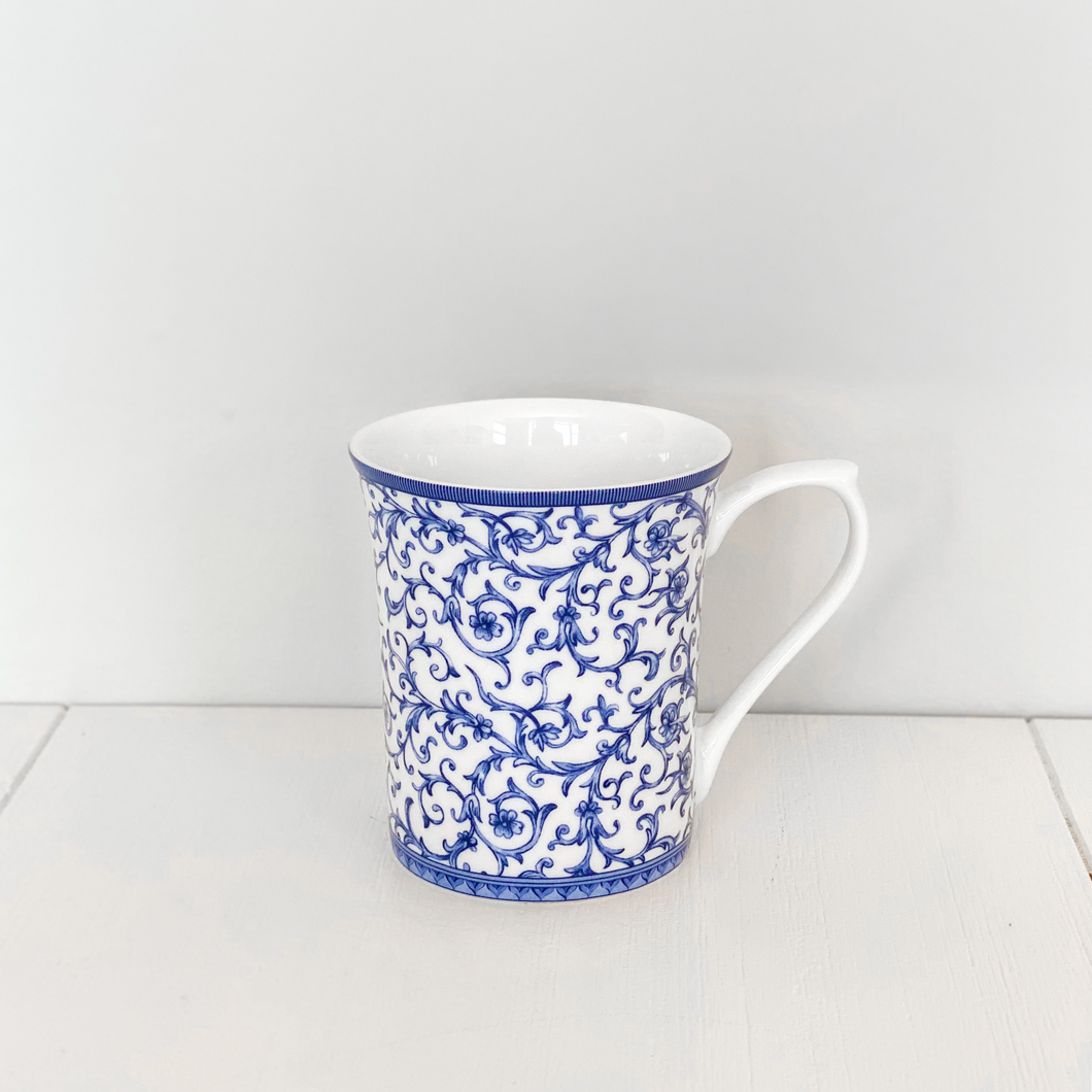 blue and white fine bone china mugs