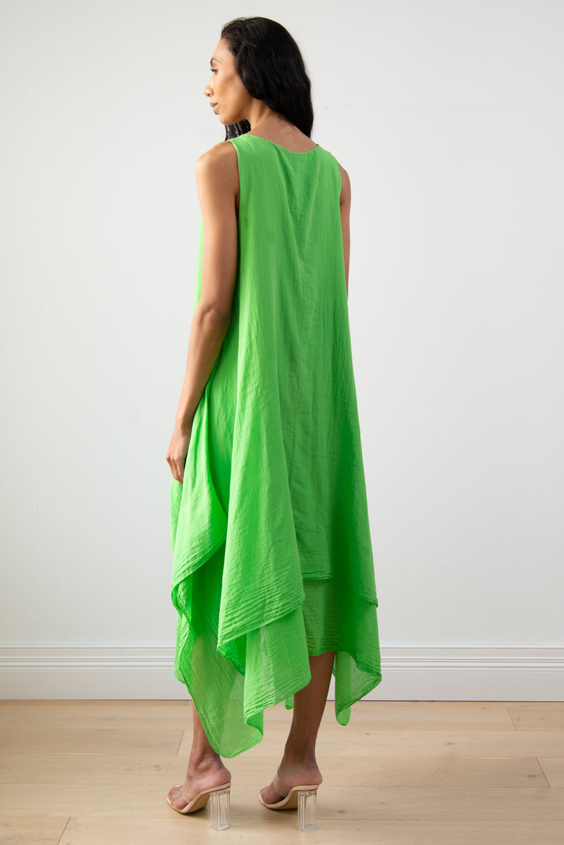 High Low Sleeveless Cotton Dress in Green