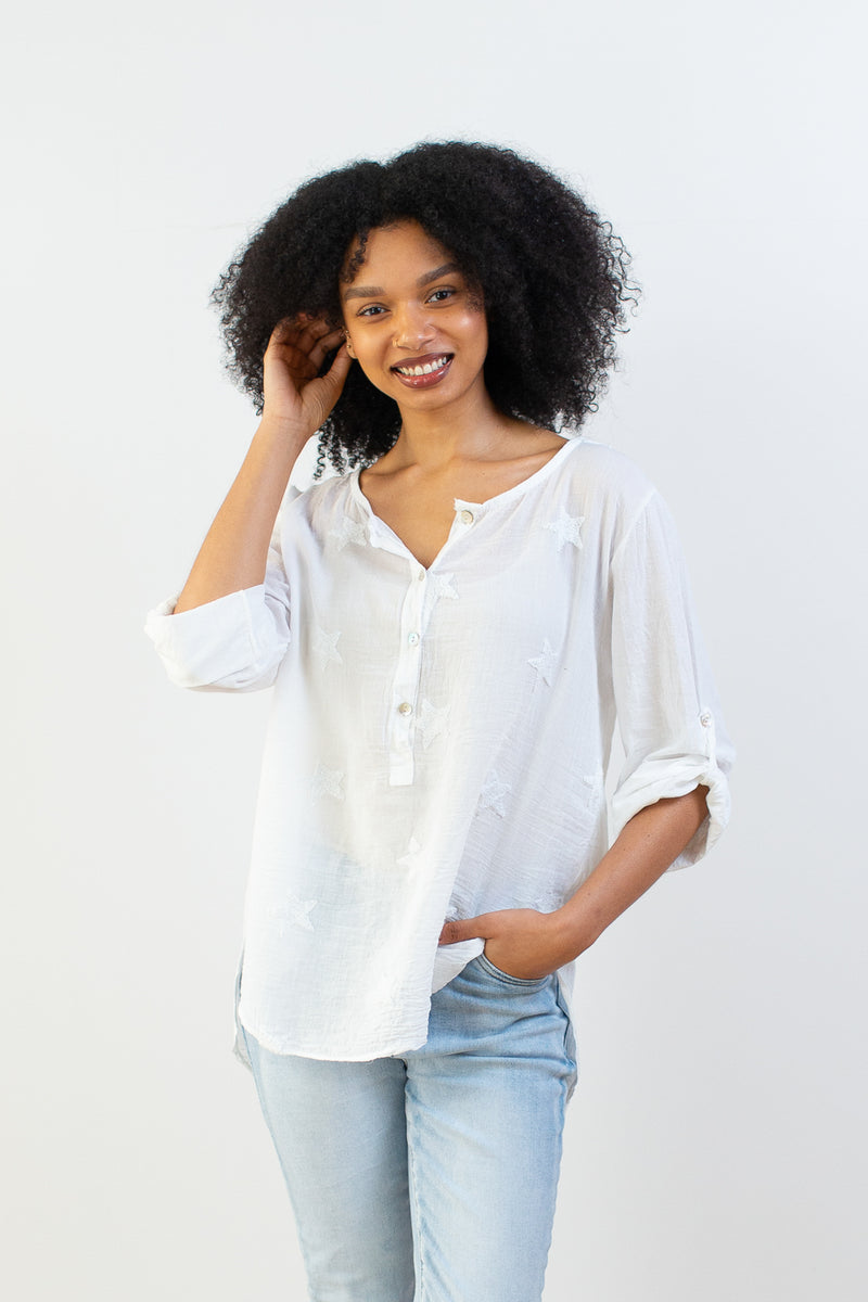 Embossed Star Quarter Button Up Sheer Blouse in White