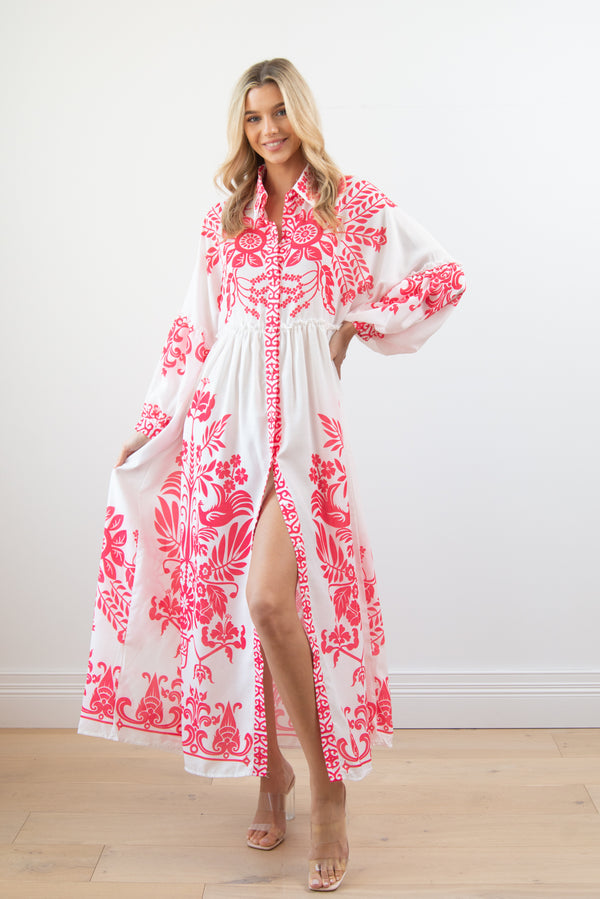 Floral Print Button Up Maxi Dress in Raspberry