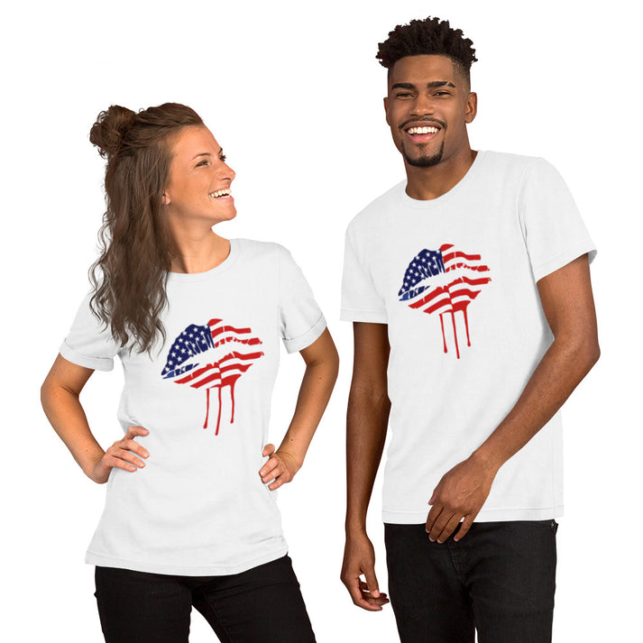 American Flag Dripping Lips Unisex T-Shirt > unisex-staple-t-shirt-white-front-62a17e7947190.jpg?v=1654750854&width=713