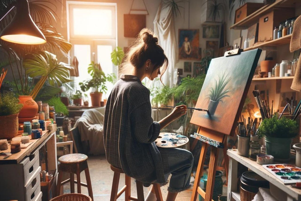 An artist painting a pot of marijuana in a sunlit studio.