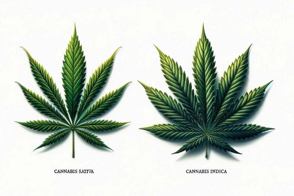 Illustrated leaves of Cannabis Indica and Sativa.