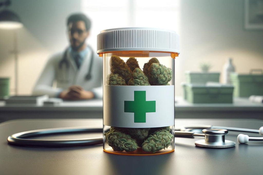 Prescription bottle with Cannabis Ruderalis, medical theme