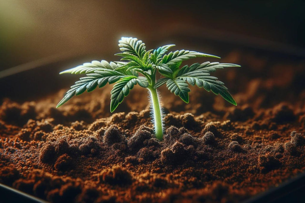 Young Cannabis Ruderalis sapling sprouting in rich soil.