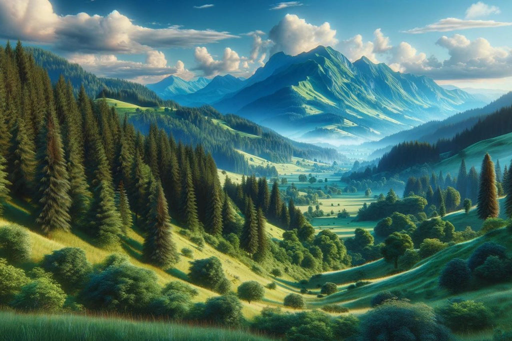 Illustrative Swiss valley landscape, habitat for Cannabis Ruderalis