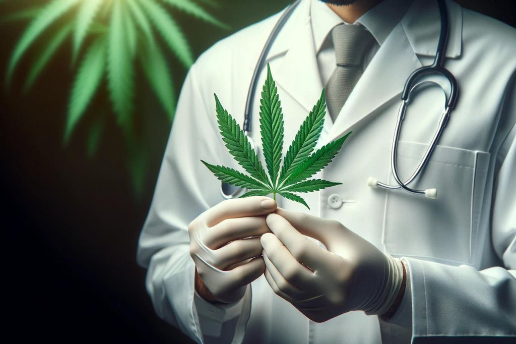 Doctor holding a leaf of Cannabis Indica.