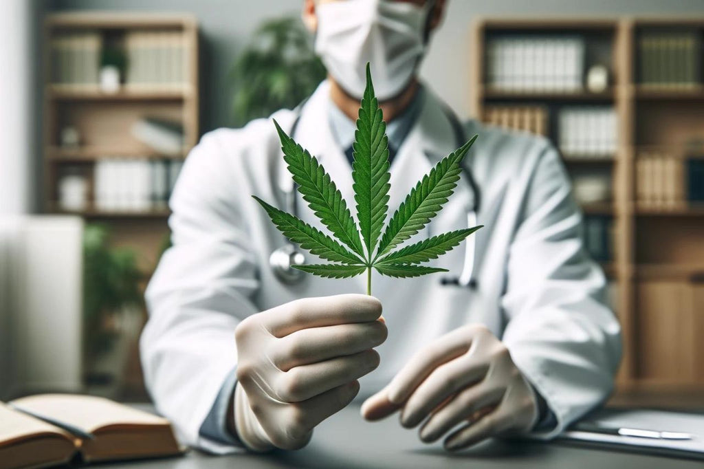 A masked doctor holding up a marijuana leaf.