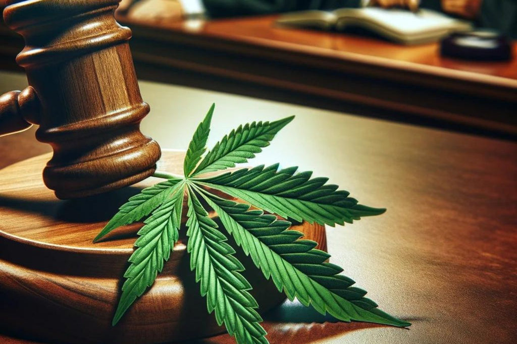 Cannabis Indica leaf on a law gavel, legal concept.