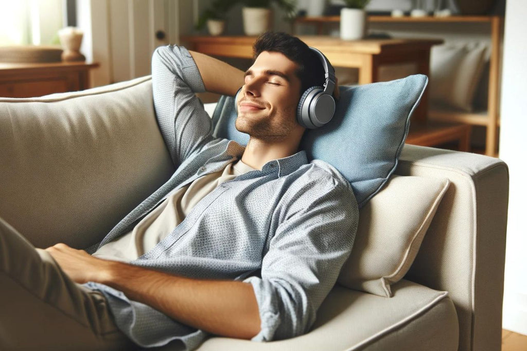 Man in headphones relaxing, possibly daydreaming about marijuana