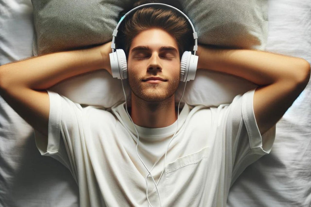 Man relaxing with headphones, Cannabis Indica theme.