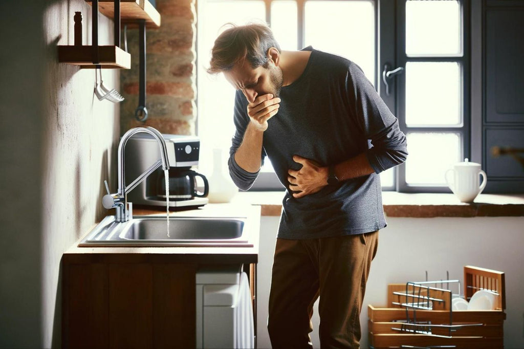 A man clutching his stomach, perhaps from nausea