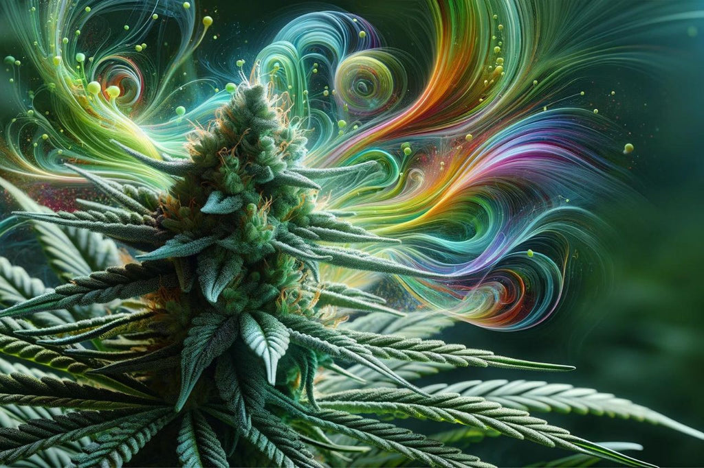 Cannabis Indica plant with psychedelic colors backdrop.