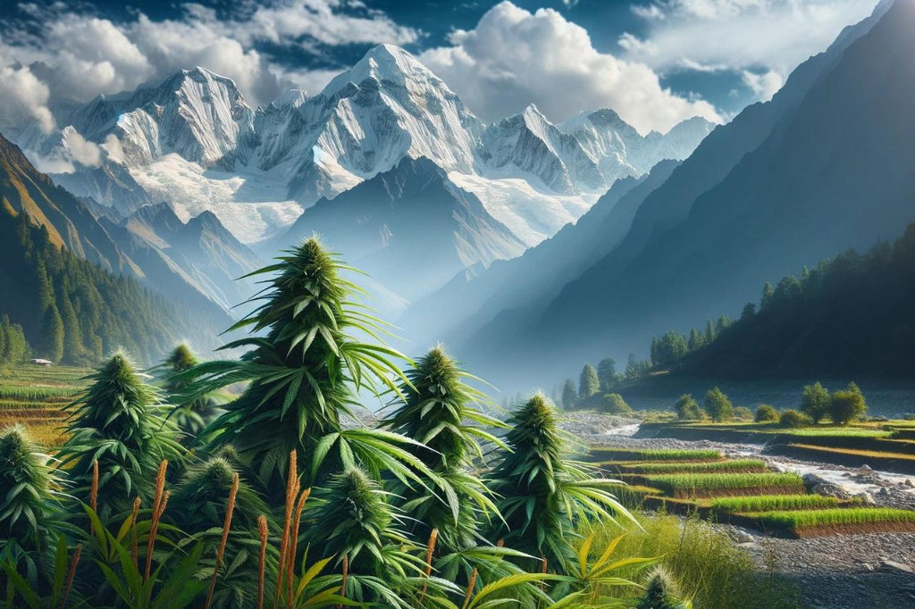 Cannabis Indica fields with scenic mountain background.