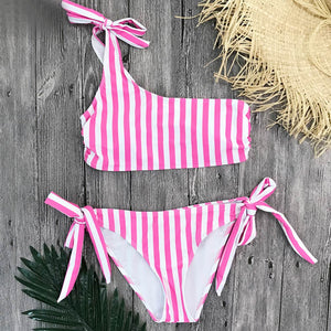 one shoulder pink swimsuit