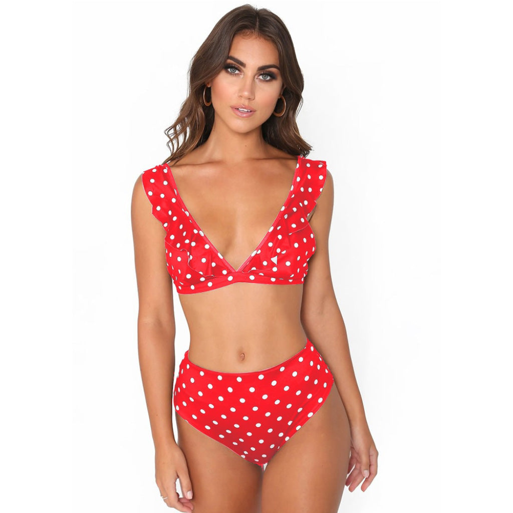 red bathing suit high waisted