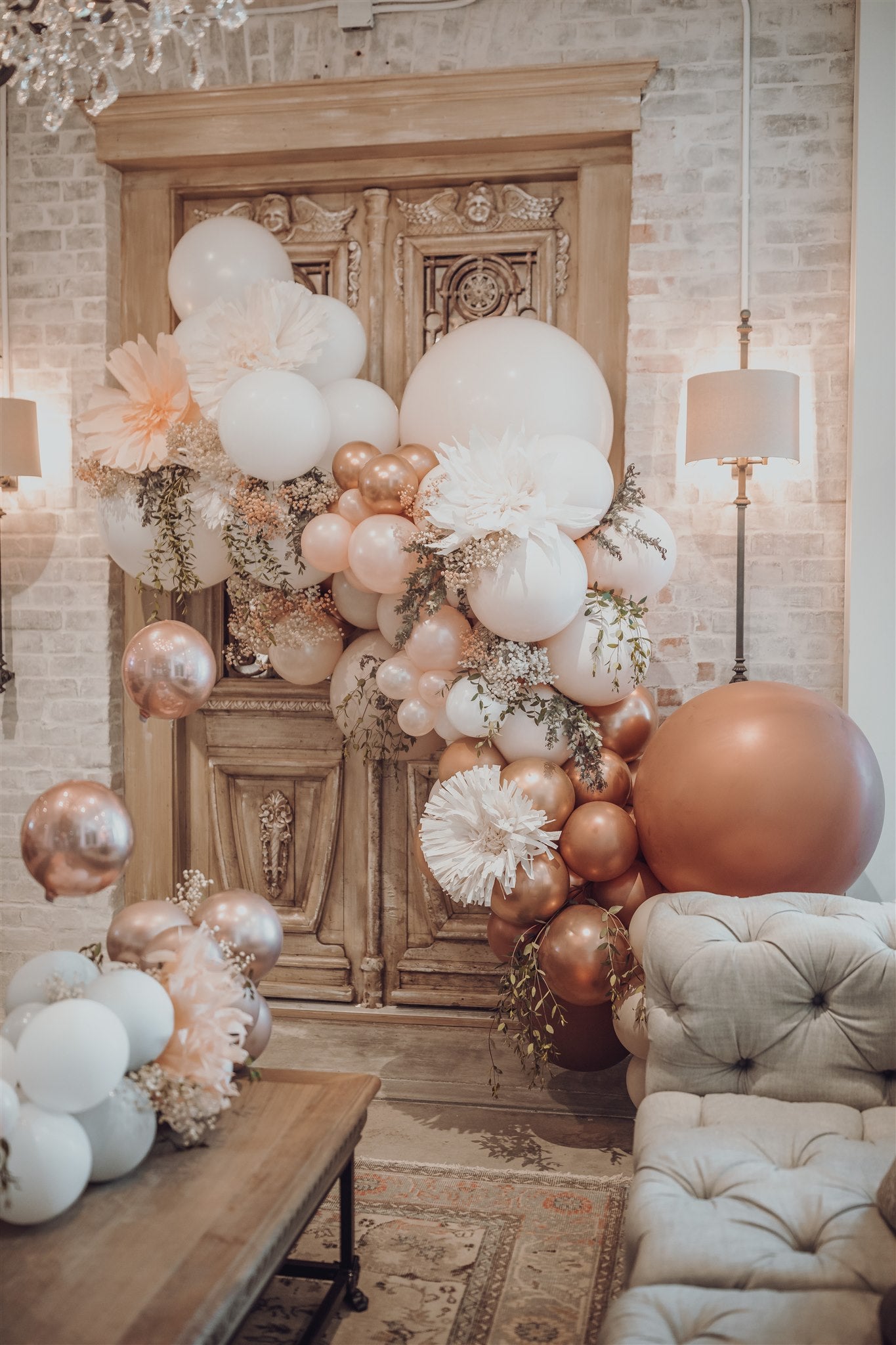 Revelry Goods Rose Gold, Neutral, Blush Balloons with Fresh Floral Houston, TX