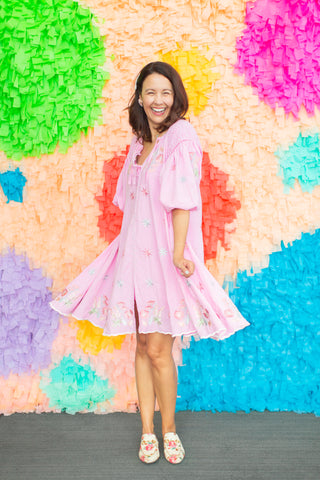 carrie colbert with revelry goods polka dot fringe backdrop in houston, tx