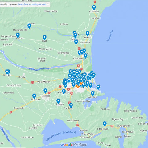 Map of all the second-hand shops in Christchurch New Zealand created by Remix Plastic. Image shows Google maps image of Christchurch with lots of blue pins indicating the location of all the opshops.