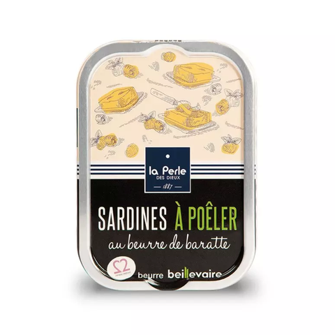 La Perle des Dieux' tin of sardines with churned butter to grill. Net weight: 115g