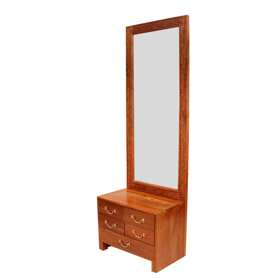 Solid teak wood carved mirror frame with 5 drawer Dressing table