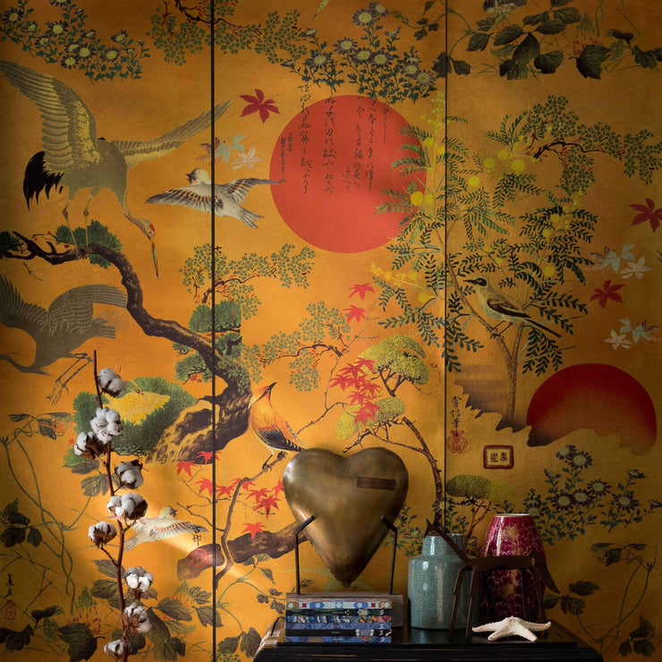 Oriental wallpaper  PEACOCK  Misha wallcoverings  silk  floral  animal  motif