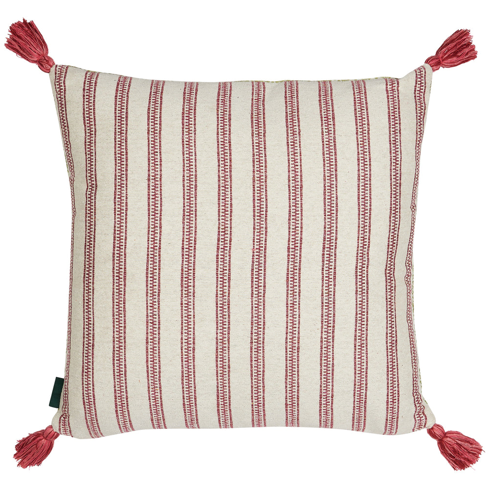 Buriam Lime and Ticking Stripe Rose Cushion with Pink Tassels 2