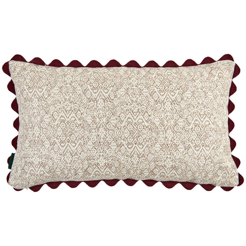 Ticking Stripe Ginger and Diamond Ethnic Nutmeg Cushion with Burgundy Wavy Trim