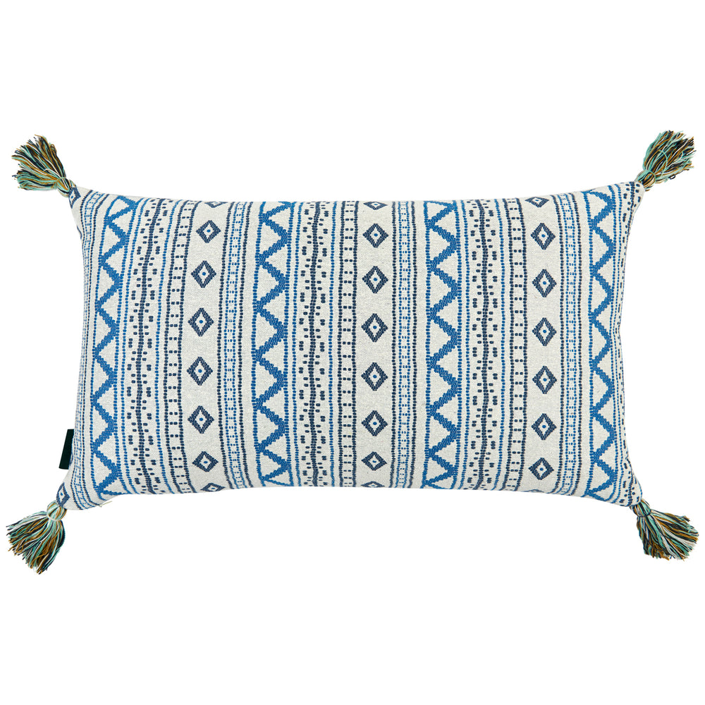 Killi Blue and Andean Vertical Stripe Blue Cushion with Blue and Green Tassels 2