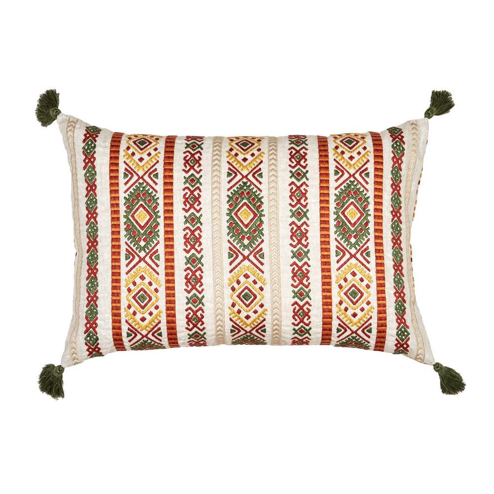 Charu Embroidered Rectangle Cushion with Green Tassels 1