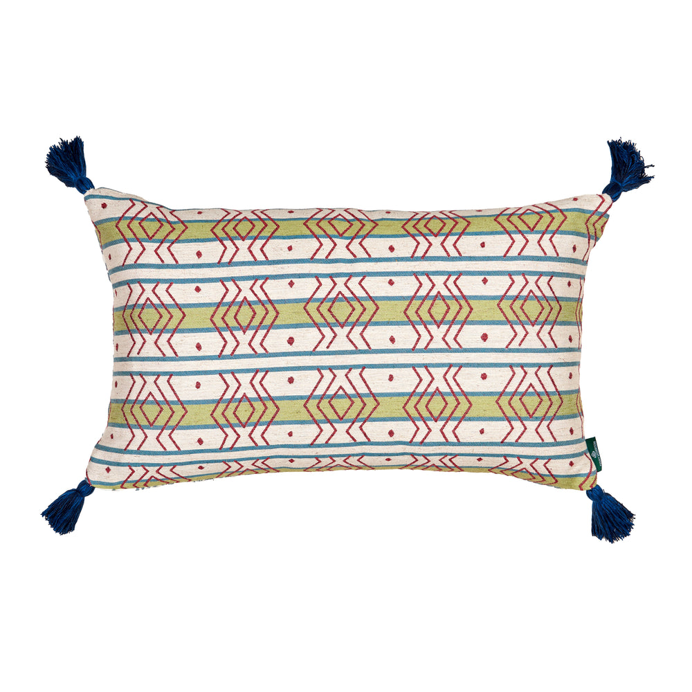 Azteca Stripe Leaf and Ashok Petrol Cushion with Blue Tassels 1