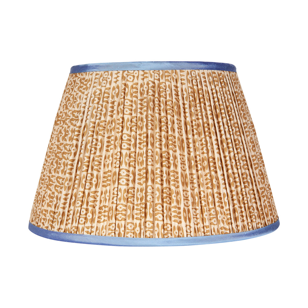 Cinnamon on White Tribal Pleated Silk Lampshade with Blue Trim 1