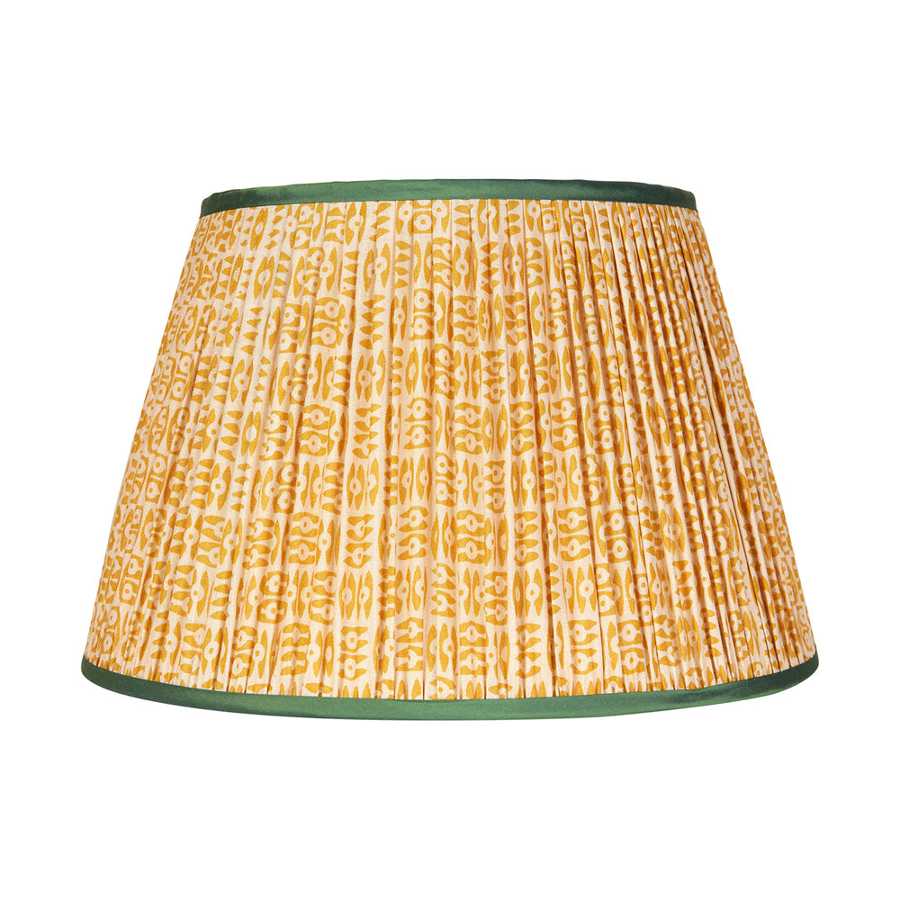Yellow on White Tribal Pleated Silk Lampshade with Green Trim 1