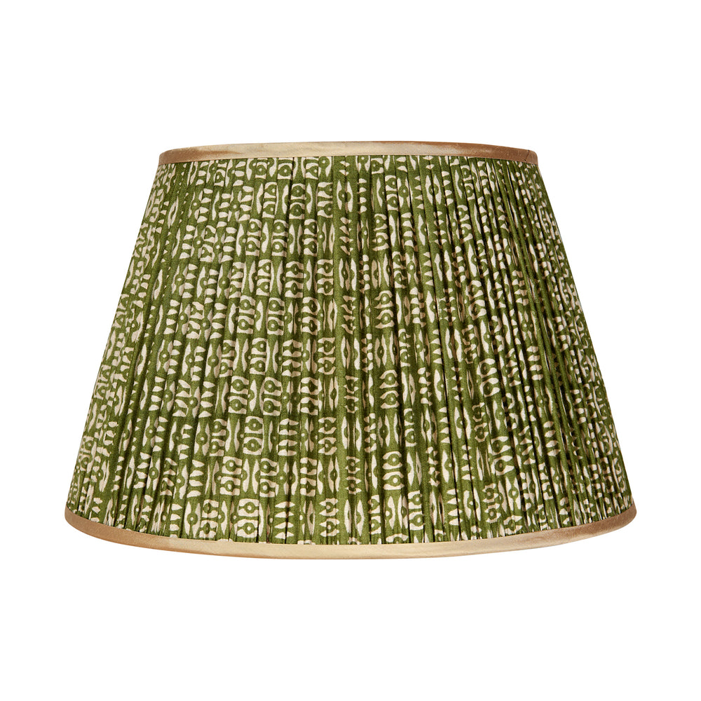 White on Green Tribal Pleated Silk Lampshade with Gold Trim 1