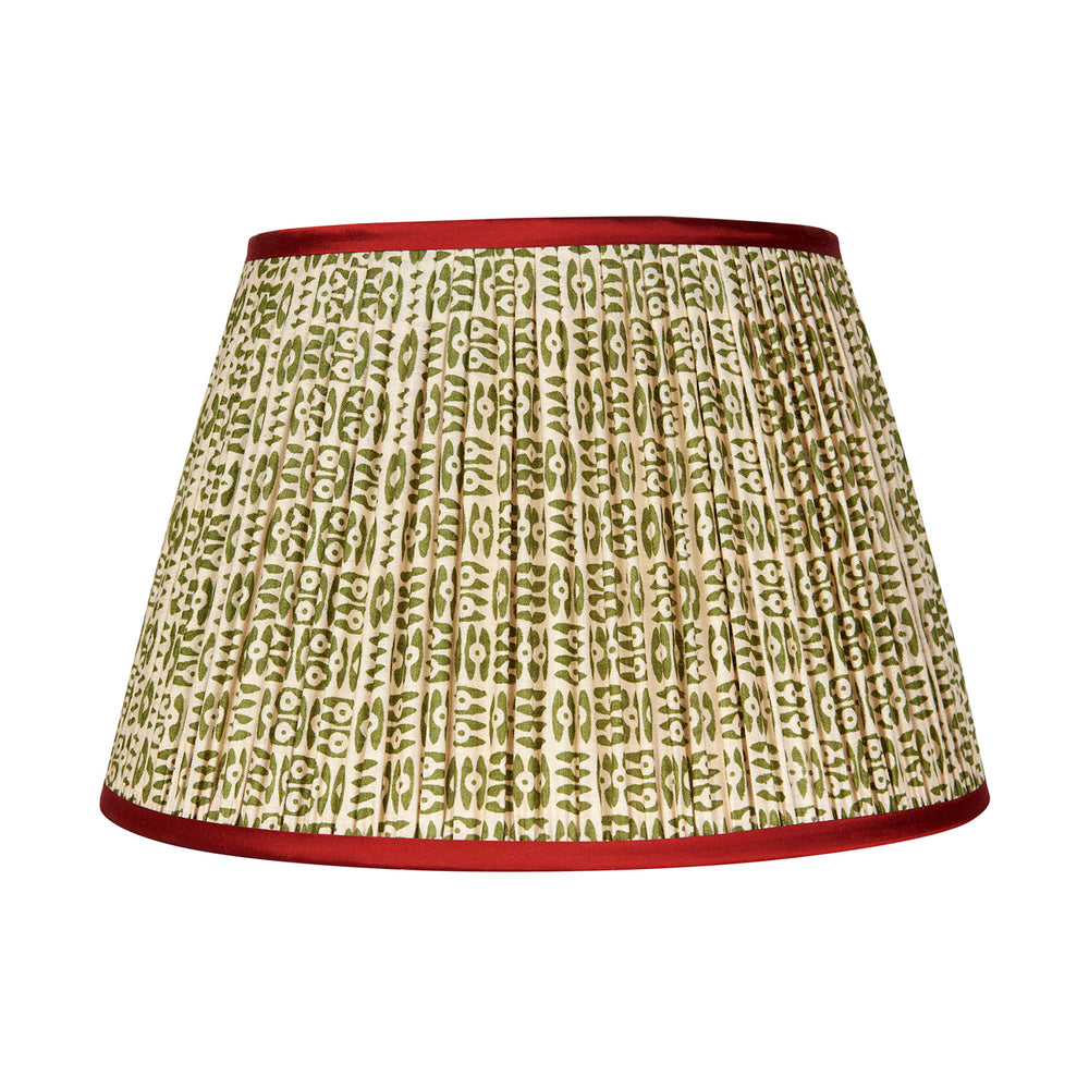 Green on White Tribal Pleated Silk Lampshade with Red Trim 1