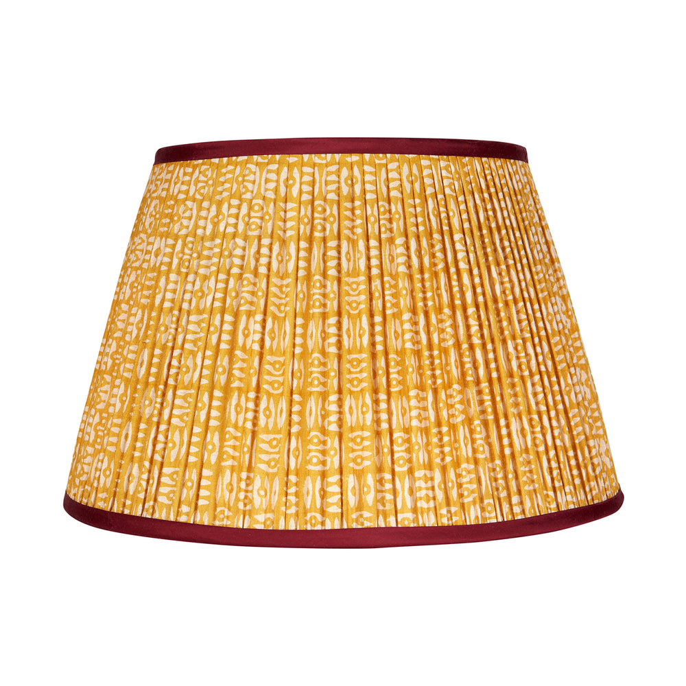 White on Yellow Tribal Pleated Silk Lampshade with Burgundy Trim 1