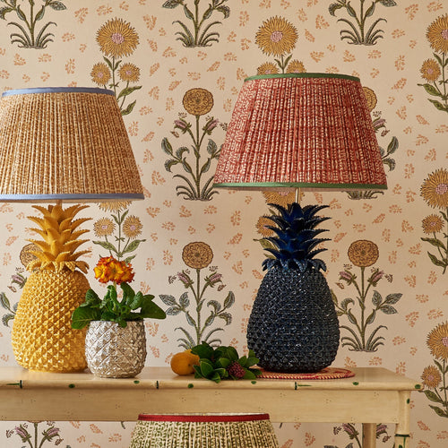 White on Red Tribal Pleated Silk Lampshade with Green Trim