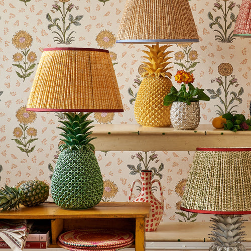 White on Yellow Tribal Pleated Silk Lampshade with Burgundy Trim