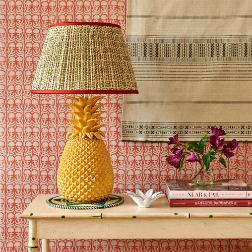 Green on White Tribal Pleated Silk Lampshade with Red Trim