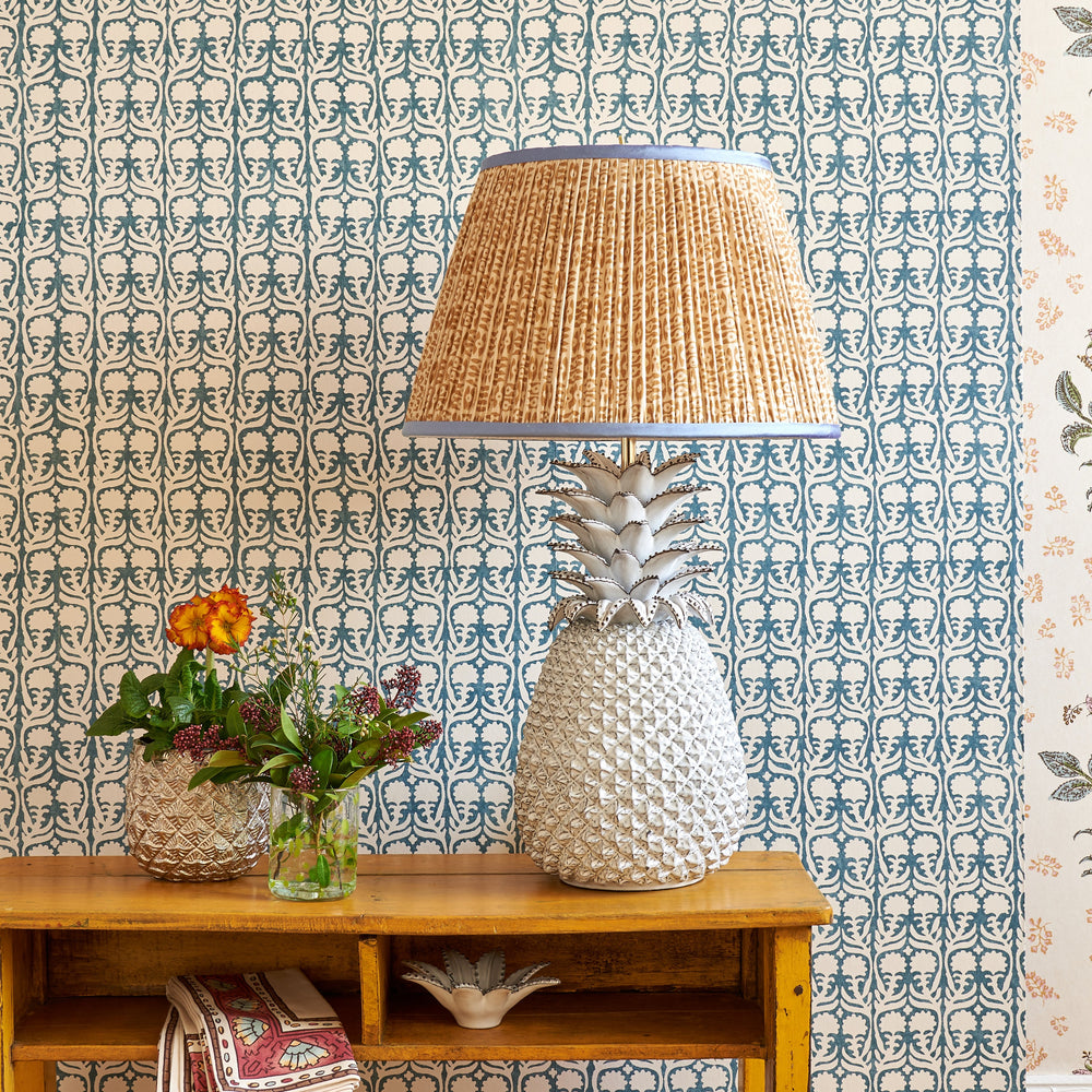 Cinnamon on White Tribal Pleated Silk Lampshade with Blue Trim 3