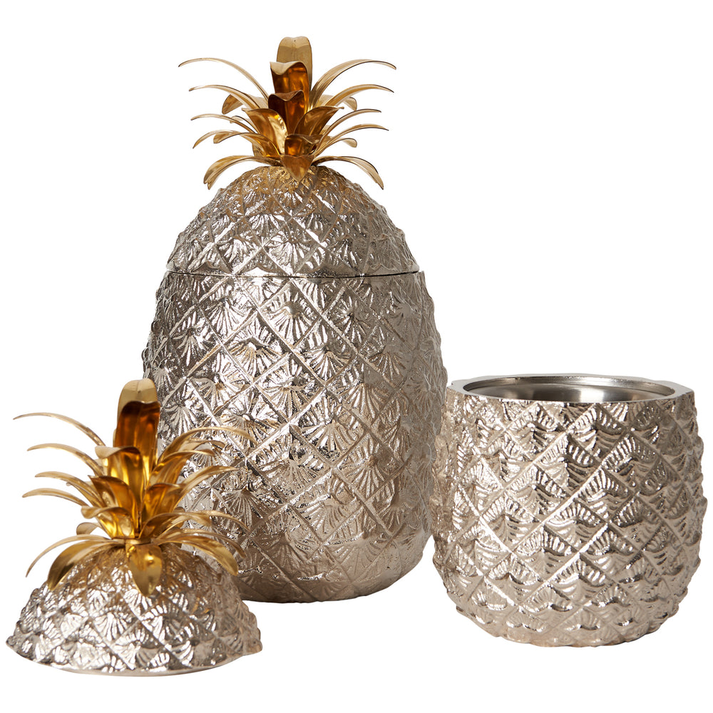 Small Silver-Plated Pineapple Ice Bucket with Brass Leaves 10