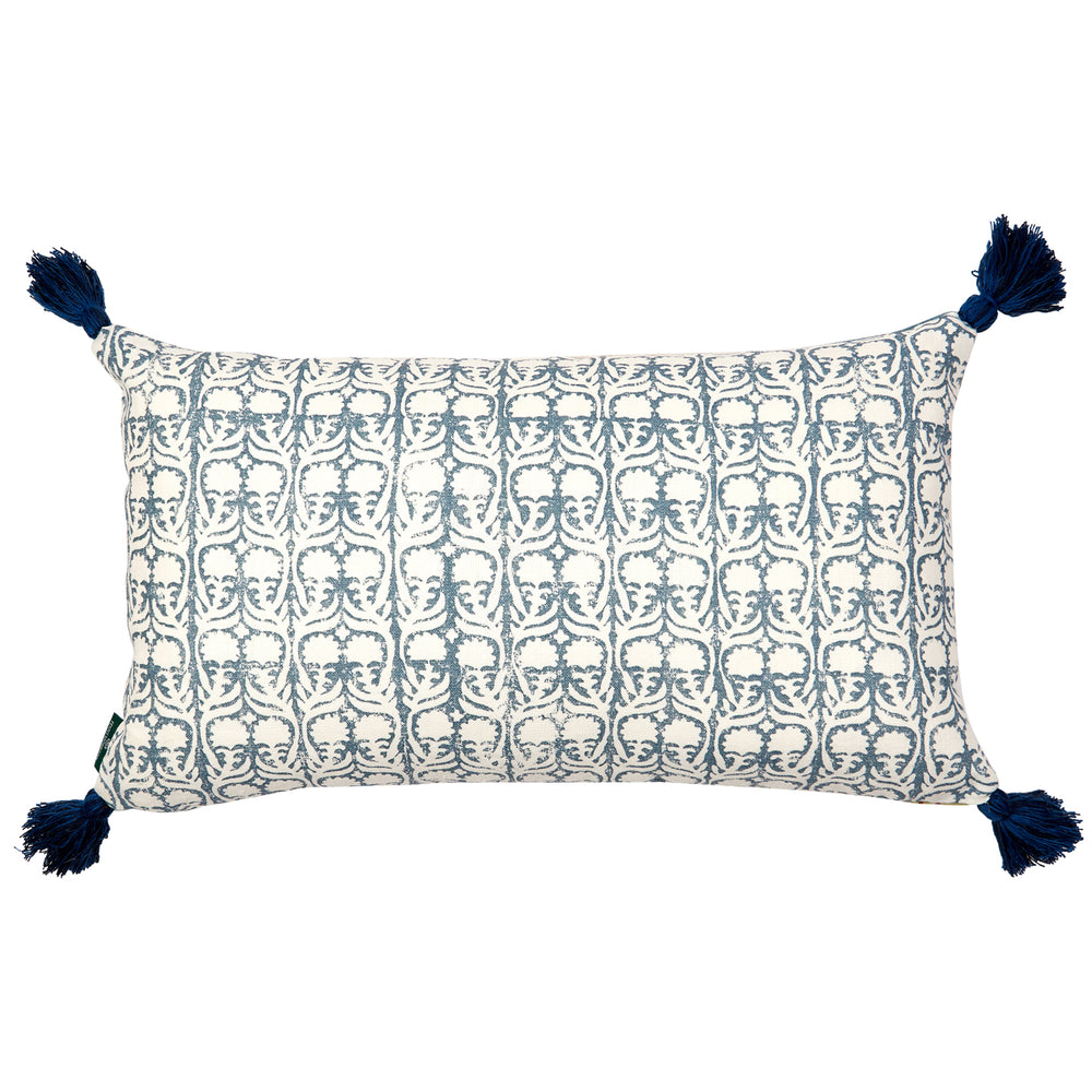 Azteca Stripe Leaf and Ashok Petrol Cushion with Blue Tassels 2